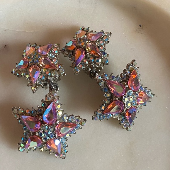 Vintage Thelma Deutsch Earrings pink/Star with AB Rhinestones Clip On ea… - Picture 4 of 13